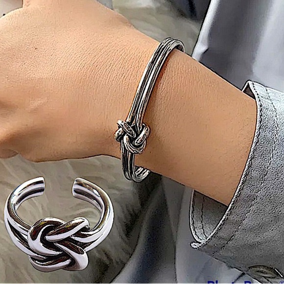 Knot Sterling Silver Bangle Cuff Bracelet, Elegant Matching Ring Set - Picture 3 of 15